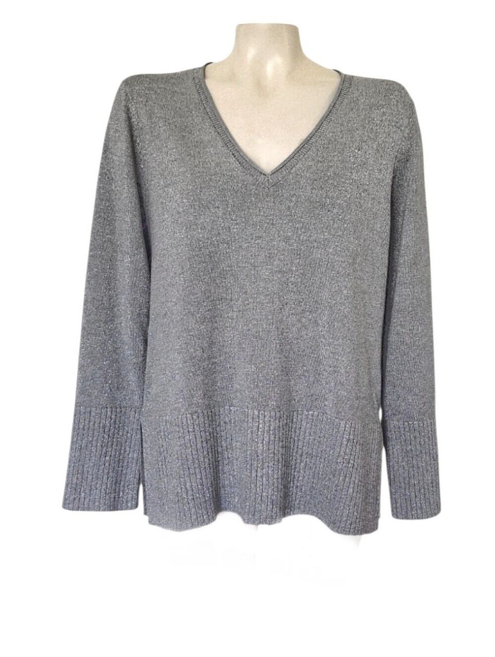 Cable & Gauge Metallic Gray V-Neck Sweater Lightweight Knit Large